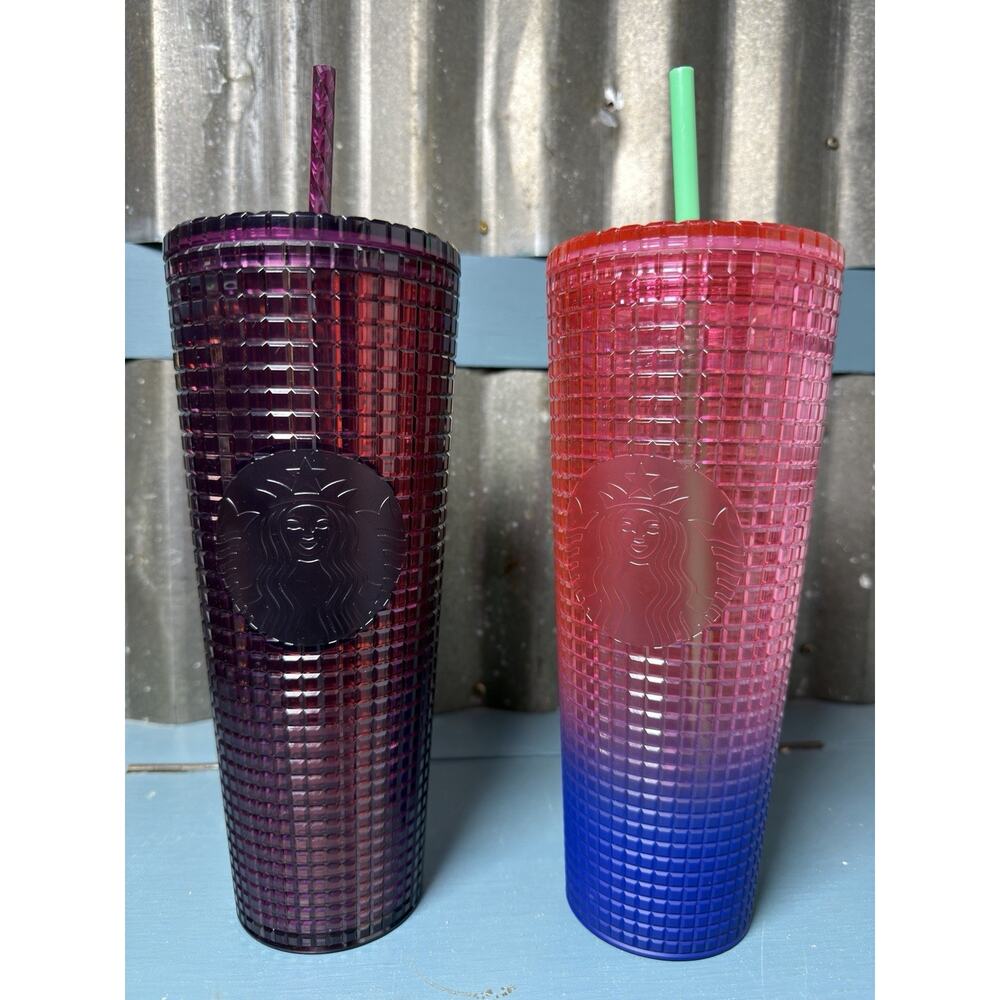 Set Of 2 NEW Starbucks Berry Plum Grid Disco Watermelon Pink Blue 24oz Tumblers